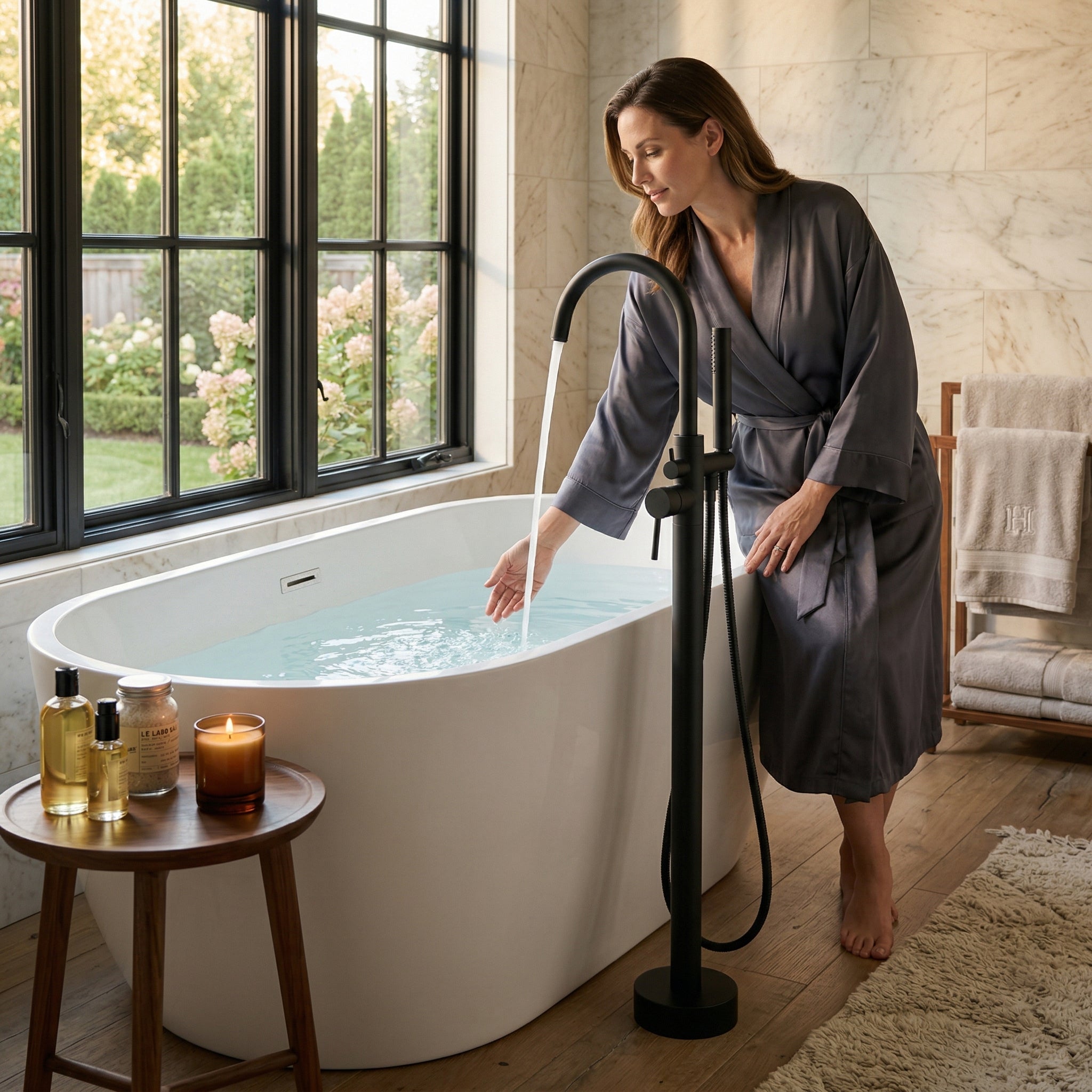 Freestanding Tub Filler with Handheld Shower, Floor Mount Bathtub Faucet, High Flow Tub Faucet with Swivel Gooseneck Spout, Modern Standing Tub Faucet, Matte Black