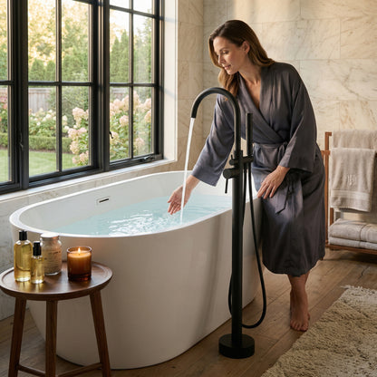 Freestanding Tub Filler with Handheld Shower, Floor Mount Bathtub Faucet, High Flow Tub Faucet with Swivel Gooseneck Spout, Modern Standing Tub Faucet, Matte Black
