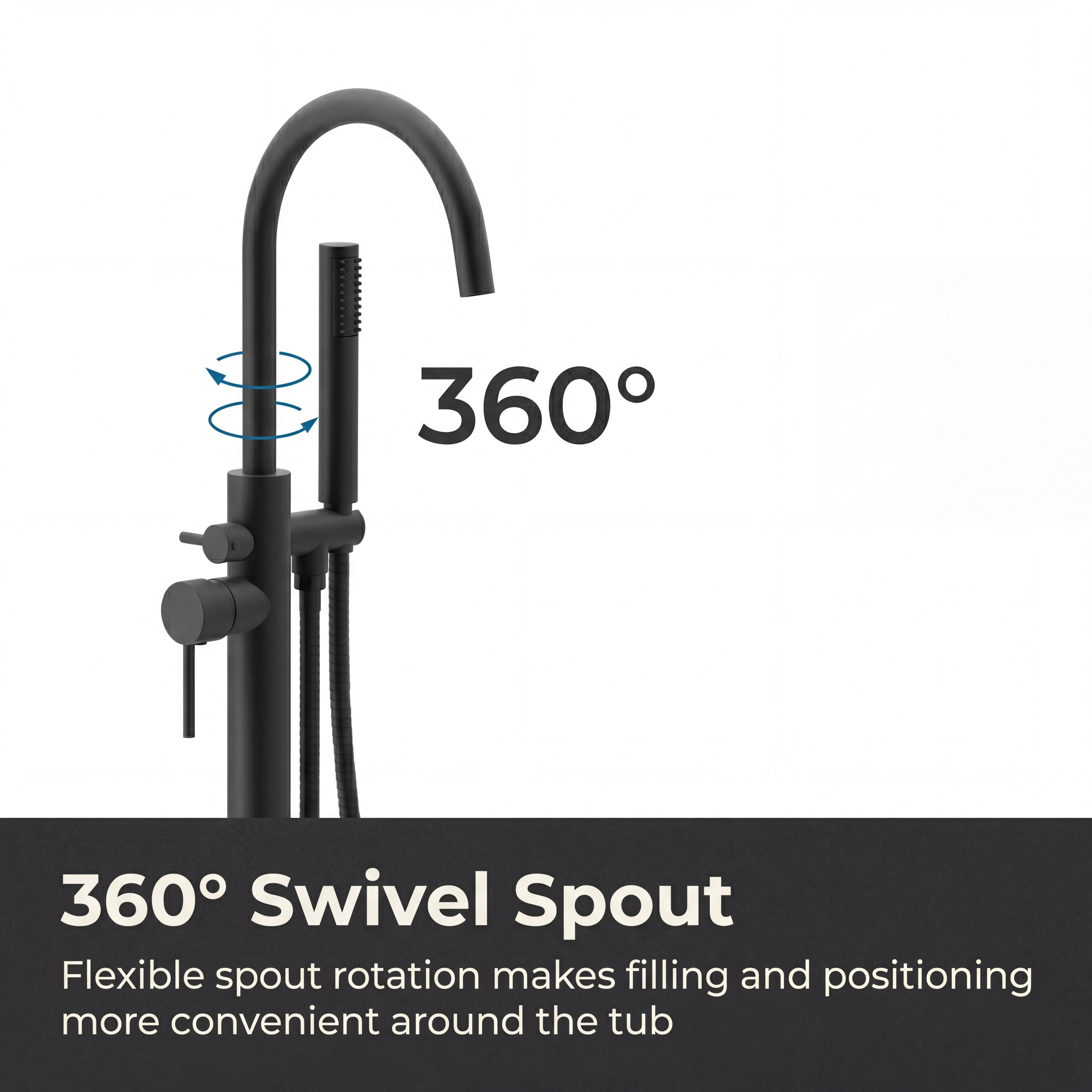 Freestanding Tub Filler with Handheld Shower, Floor Mount Bathtub Faucet, High Flow Tub Faucet with Swivel Gooseneck Spout, Modern Standing Tub Faucet, Matte Black