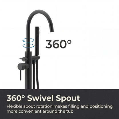 Freestanding Tub Filler with Handheld Shower, Floor Mount Bathtub Faucet, High Flow Tub Faucet with Swivel Gooseneck Spout, Modern Standing Tub Faucet, Matte Black