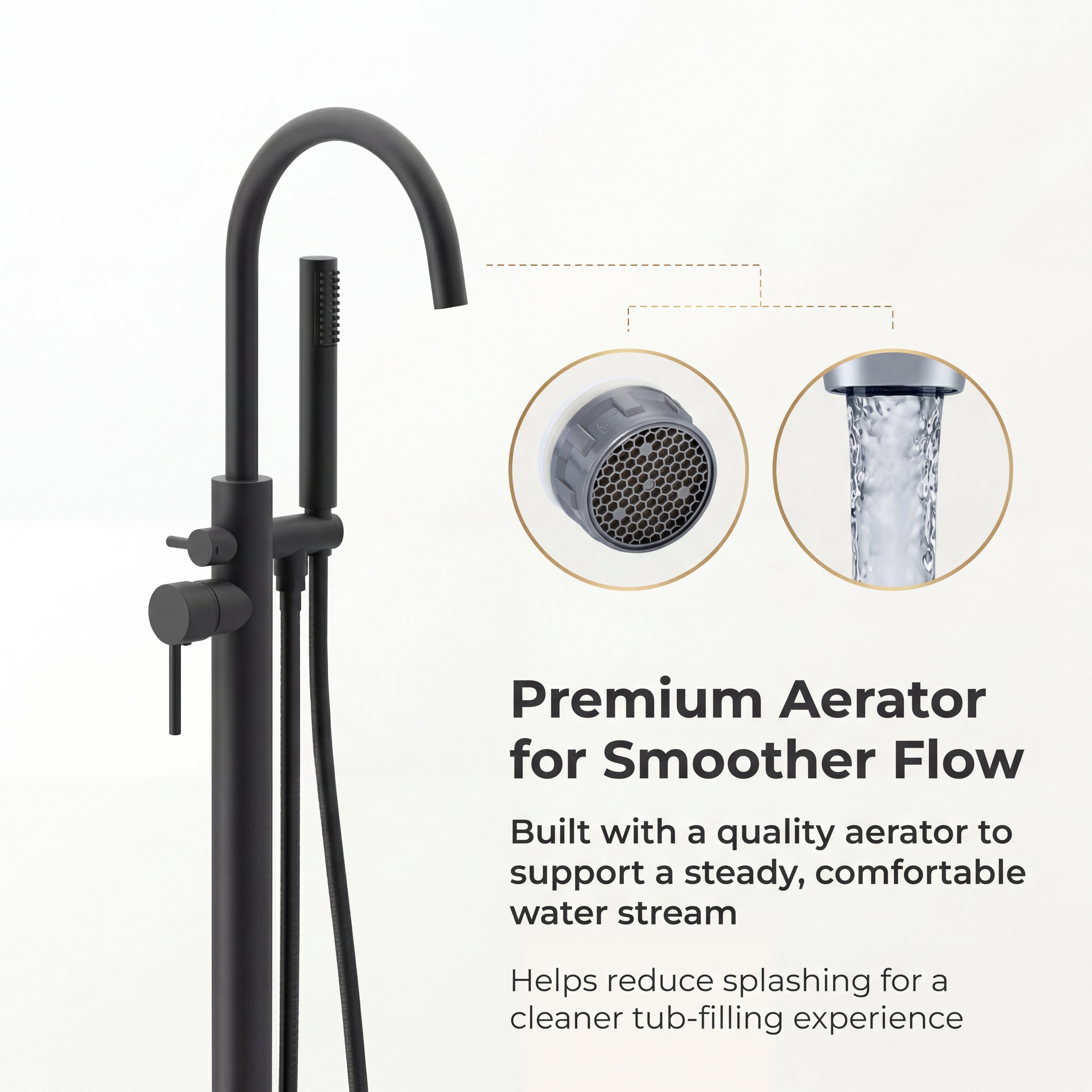 Freestanding Tub Filler with Handheld Shower, Floor Mount Bathtub Faucet, High Flow Tub Faucet with Swivel Gooseneck Spout, Modern Standing Tub Faucet, Matte Black