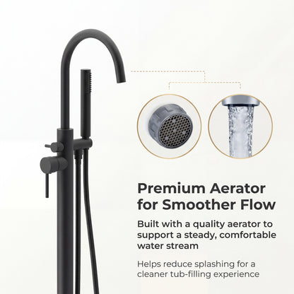 Freestanding Tub Filler with Handheld Shower, Floor Mount Bathtub Faucet, High Flow Tub Faucet with Swivel Gooseneck Spout, Modern Standing Tub Faucet, Matte Black