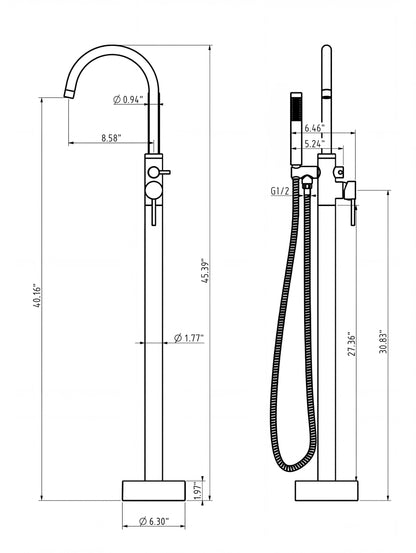 Freestanding Tub Filler with Handheld Shower, Floor Mount Bathtub Faucet, High Flow Tub Faucet with Swivel Gooseneck Spout, Modern Standing Tub Faucet, Matte Black