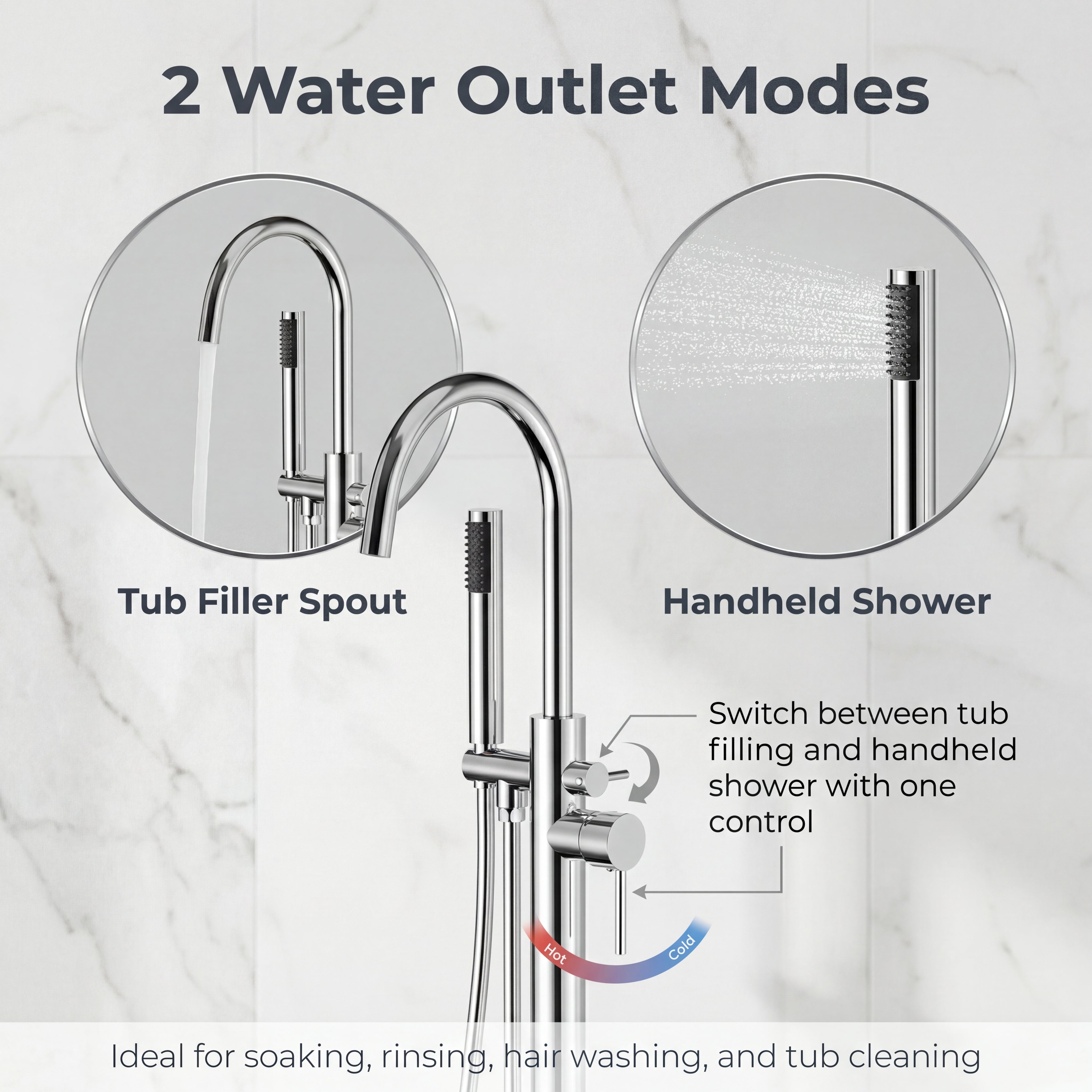 Freestanding Tub Filler with Handheld Shower, Floor Mount Bathtub Faucet, High Flow Tub Faucet with Swivel Gooseneck Spout, Modern Standing Tub Faucet, Chrome