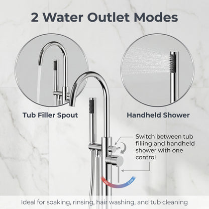 Freestanding Tub Filler with Handheld Shower, Floor Mount Bathtub Faucet, High Flow Tub Faucet with Swivel Gooseneck Spout, Modern Standing Tub Faucet, Chrome
