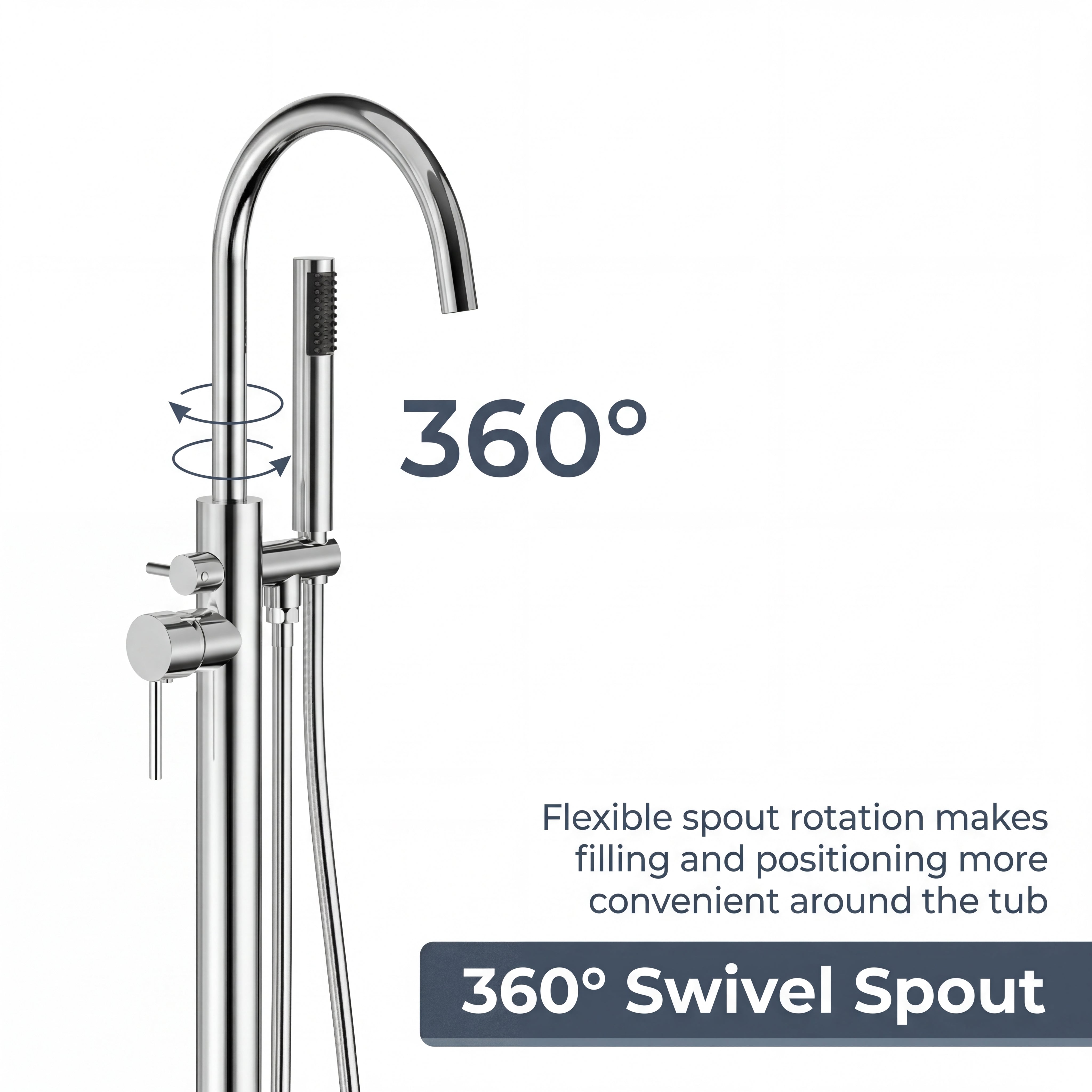 Freestanding Tub Filler with Handheld Shower, Floor Mount Bathtub Faucet, High Flow Tub Faucet with Swivel Gooseneck Spout, Modern Standing Tub Faucet, Chrome