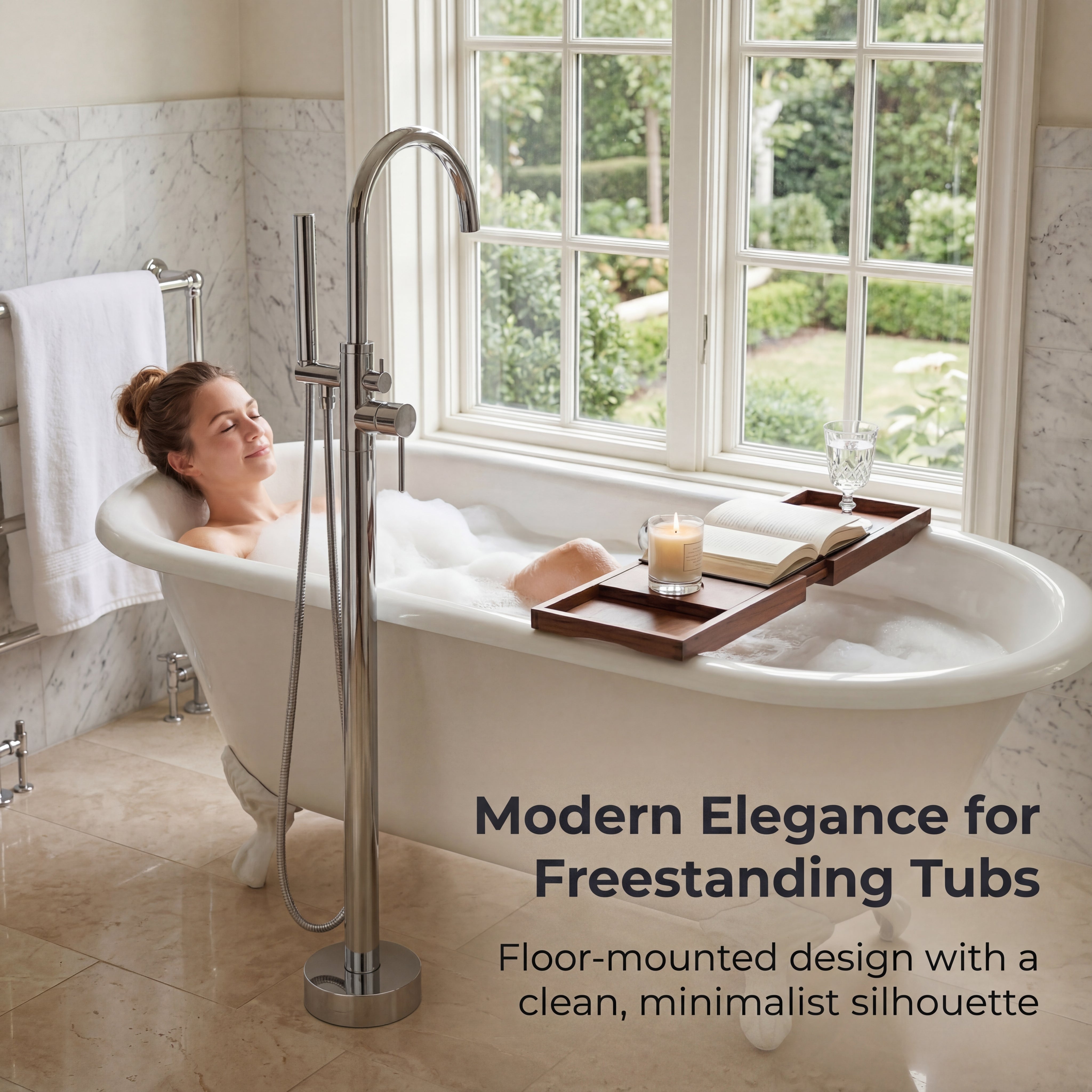 Freestanding Tub Filler with Handheld Shower, Floor Mount Bathtub Faucet, High Flow Tub Faucet with Swivel Gooseneck Spout, Modern Standing Tub Faucet, Chrome