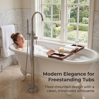 Freestanding Tub Filler with Handheld Shower, Floor Mount Bathtub Faucet, High Flow Tub Faucet with Swivel Gooseneck Spout, Modern Standing Tub Faucet, Chrome