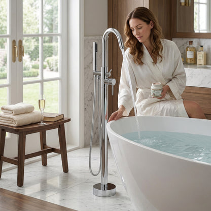 Freestanding Tub Filler with Handheld Shower, Floor Mount Bathtub Faucet, High Flow Tub Faucet with Swivel Gooseneck Spout, Modern Standing Tub Faucet, Chrome