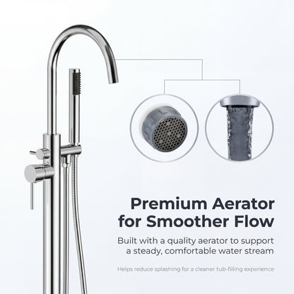 Freestanding Tub Filler with Handheld Shower, Floor Mount Bathtub Faucet, High Flow Tub Faucet with Swivel Gooseneck Spout, Modern Standing Tub Faucet, Chrome