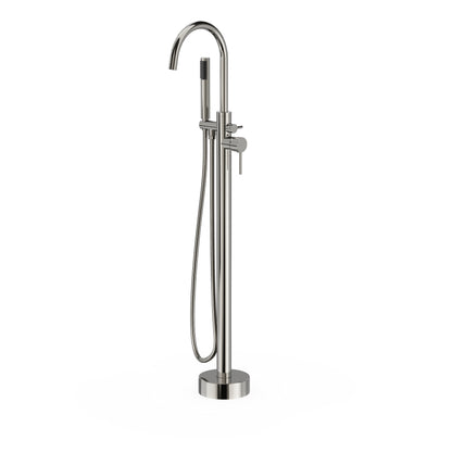 Freestanding Tub Filler with Handheld Shower, Floor Mount Bathtub Faucet, High Flow Tub Faucet with Swivel Gooseneck Spout, Modern Standing Tub Faucet, Brushed Nickel
