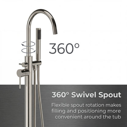 Freestanding Tub Filler with Handheld Shower, Floor Mount Bathtub Faucet, High Flow Tub Faucet with Swivel Gooseneck Spout, Modern Standing Tub Faucet, Brushed Nickel