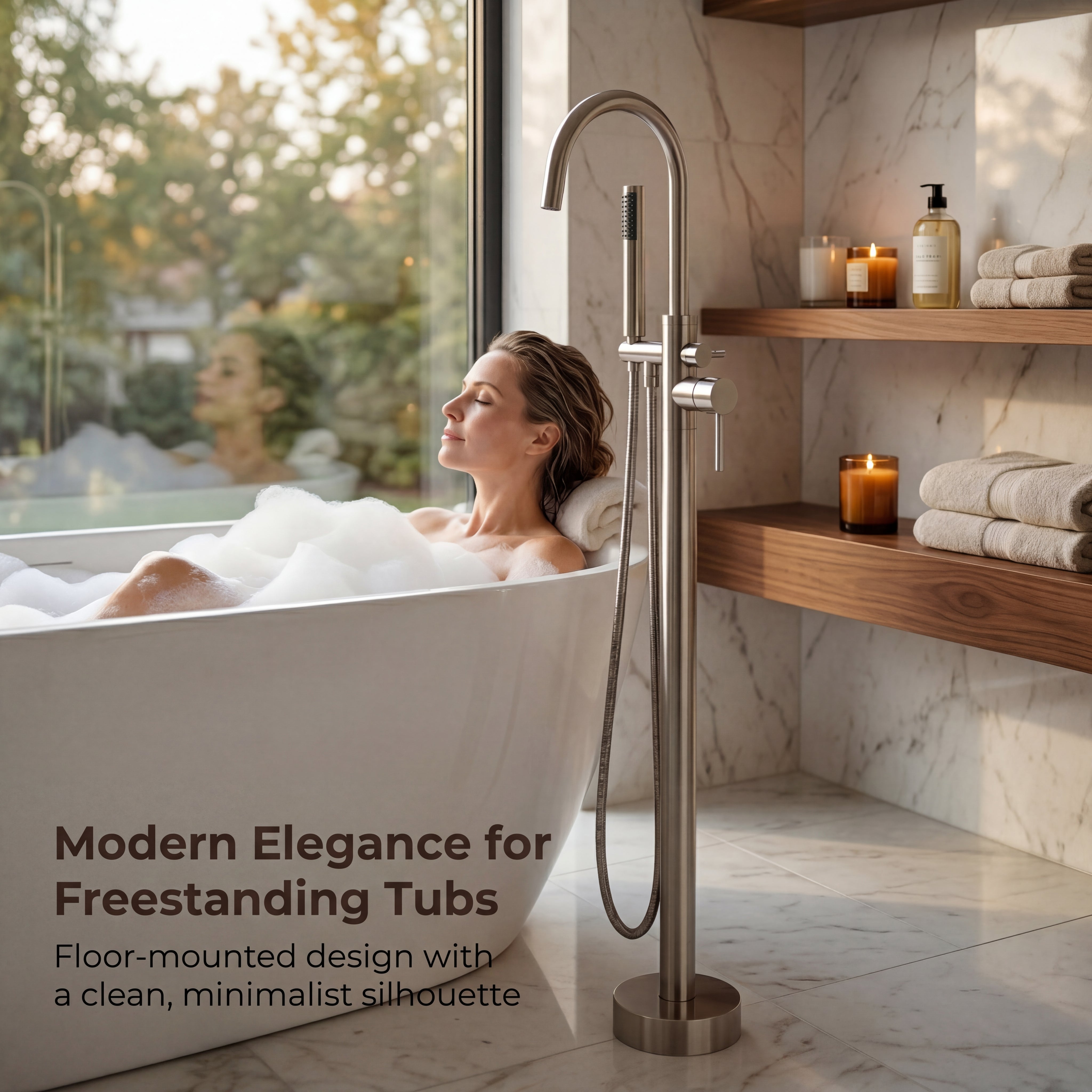 Freestanding Tub Filler with Handheld Shower, Floor Mount Bathtub Faucet, High Flow Tub Faucet with Swivel Gooseneck Spout, Modern Standing Tub Faucet, Brushed Nickel