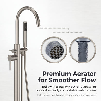 Freestanding Tub Filler with Handheld Shower, Floor Mount Bathtub Faucet, High Flow Tub Faucet with Swivel Gooseneck Spout, Modern Standing Tub Faucet, Brushed Nickel