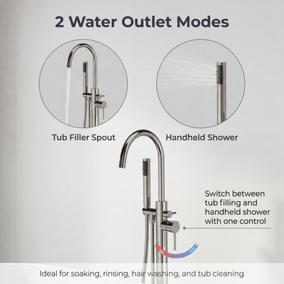 Freestanding Tub Filler with Handheld Shower, Floor Mount Bathtub Faucet, High Flow Tub Faucet with Swivel Gooseneck Spout, Modern Standing Tub Faucet, Brushed Nickel
