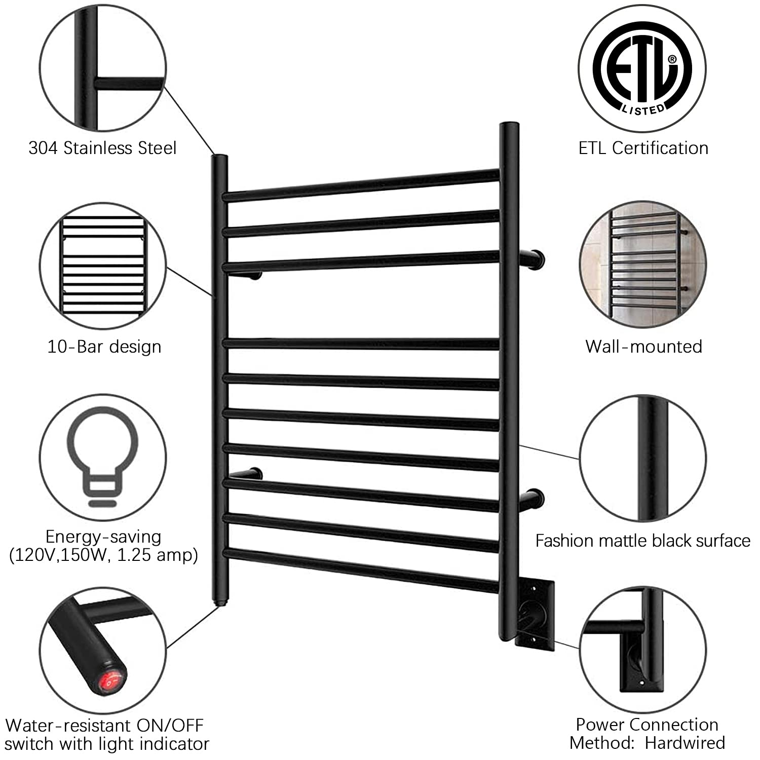 Towel Warmer 10 Bar Hardwired, 24"x32", Wall Mounted Matte Black