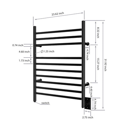 Towel Warmer 10 Bar Hardwired, 24"x32", Wall Mounted Matte Black