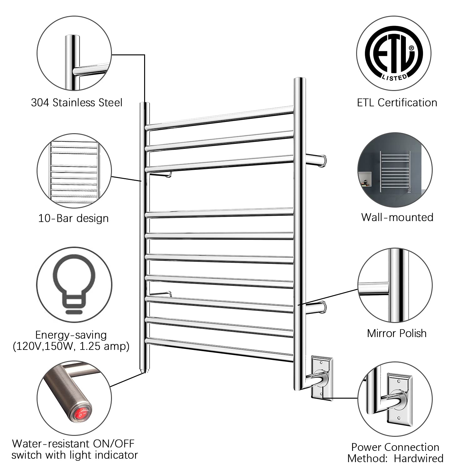 Towel Warmer 10 Bar Hardwired, 24"x32", Wall Mounted Mirror Polish