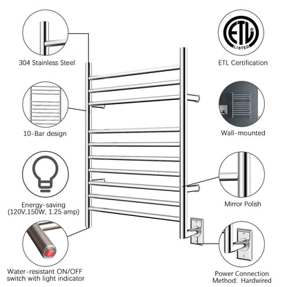 Towel Warmer 10 Bar Hardwired, 24"x32", Wall Mounted Mirror Polish