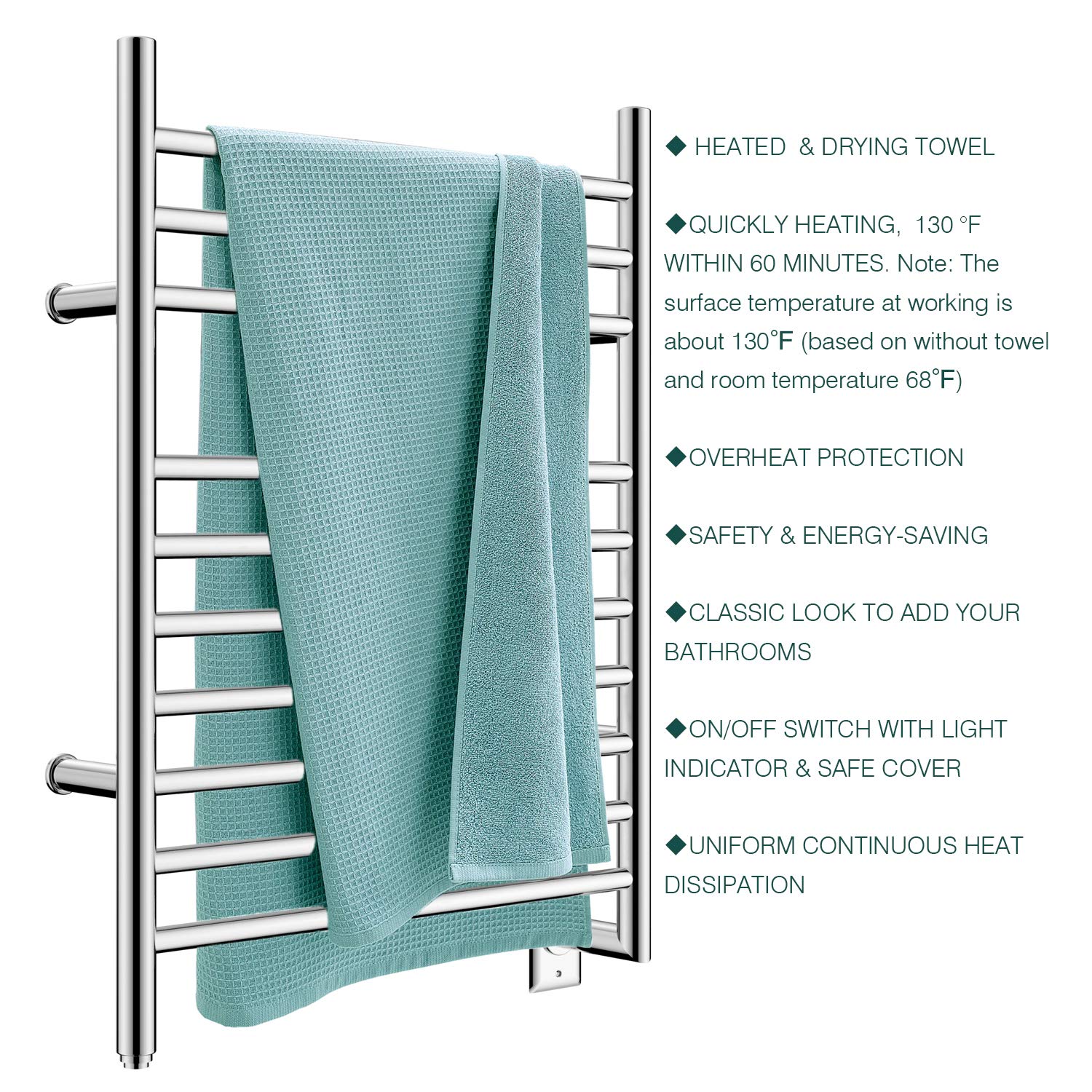 Towel Warmer 10 Bar Hardwired, 24"x32", Wall Mounted Mirror Polish