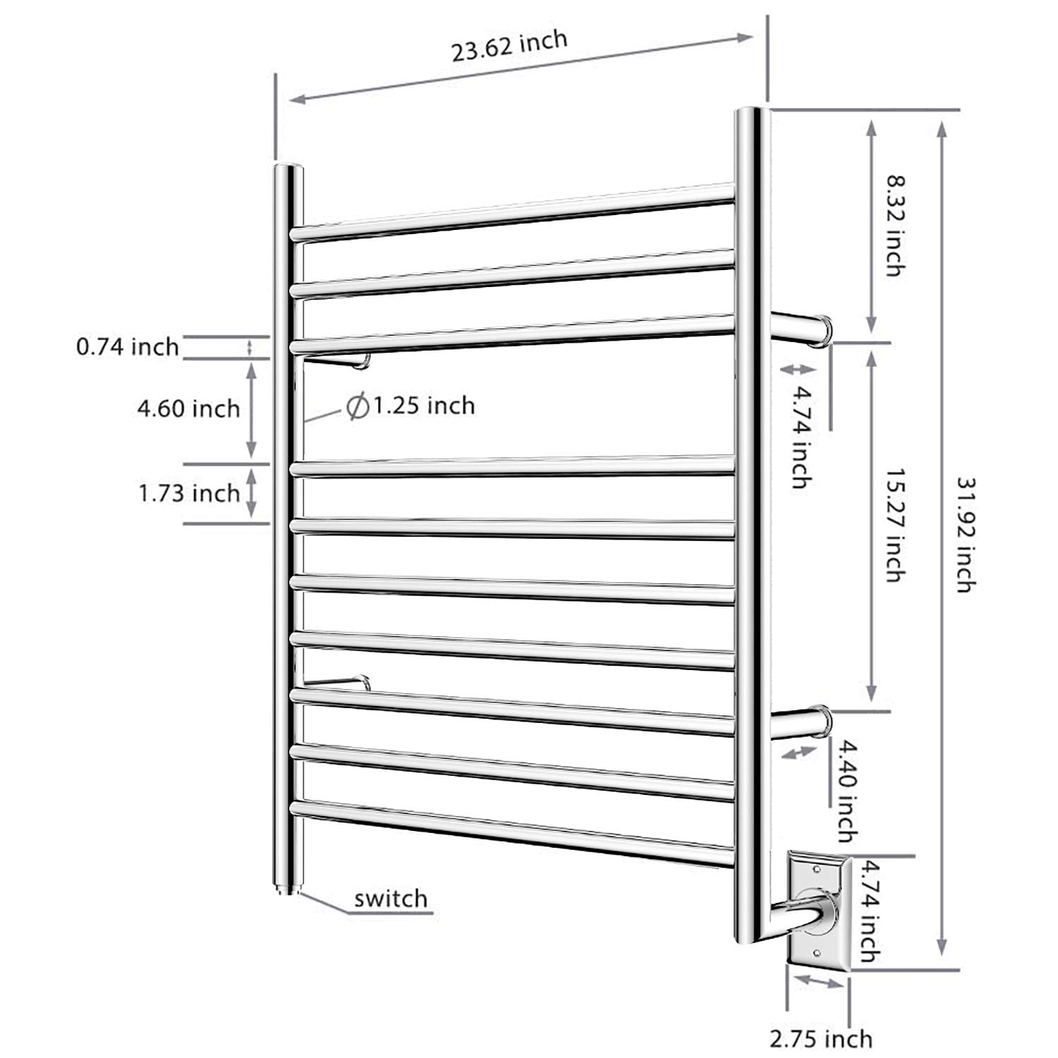 Towel Warmer 10 Bar Hardwired, 24"x32", Wall Mounted Mirror Polish