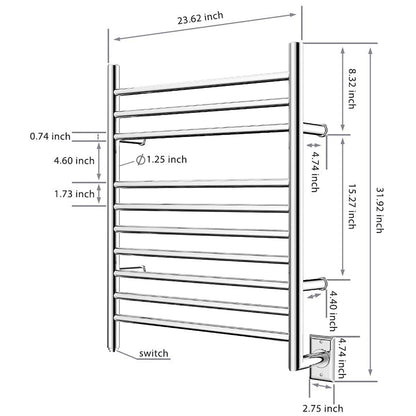 Towel Warmer 10 Bar Hardwired, 24"x32", Wall Mounted Mirror Polish