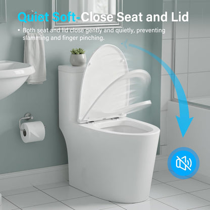 12 in Rough-In 1-Piece, 0.9/1.3 GPF Dual Flush Elongated Toilet in White Ceramic with Soft-Close Seat 17.13 in Height
