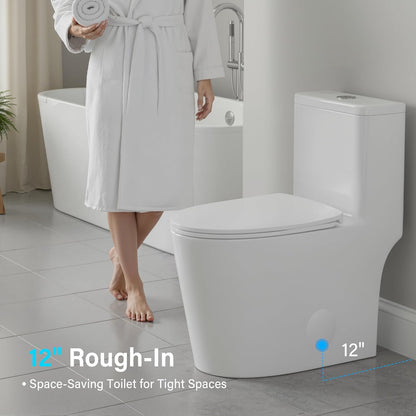12 in Rough-In 1-Piece, 0.9/1.3 GPF Dual Flush Elongated Toilet in White Ceramic with Soft-Close Seat 17.13 in Height
