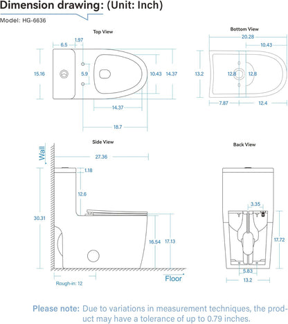 12 in Rough-In 1-Piece, 0.9/1.3 GPF Dual Flush Elongated Toilet in White Ceramic with Soft-Close Seat 17.13 in Height