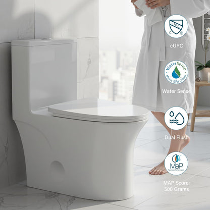 12 in Rough-In 1-Piece, 0.9/1.3 GPF Swirl Flush Elongated Toilet in White Ceramic with Soft-Close Seat 16.54 Height