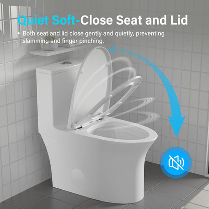 12 in Rough-In 1-Piece, 0.9/1.3 GPF Swirl Flush Elongated Toilet in White Ceramic with Soft-Close Seat 16.54 Height