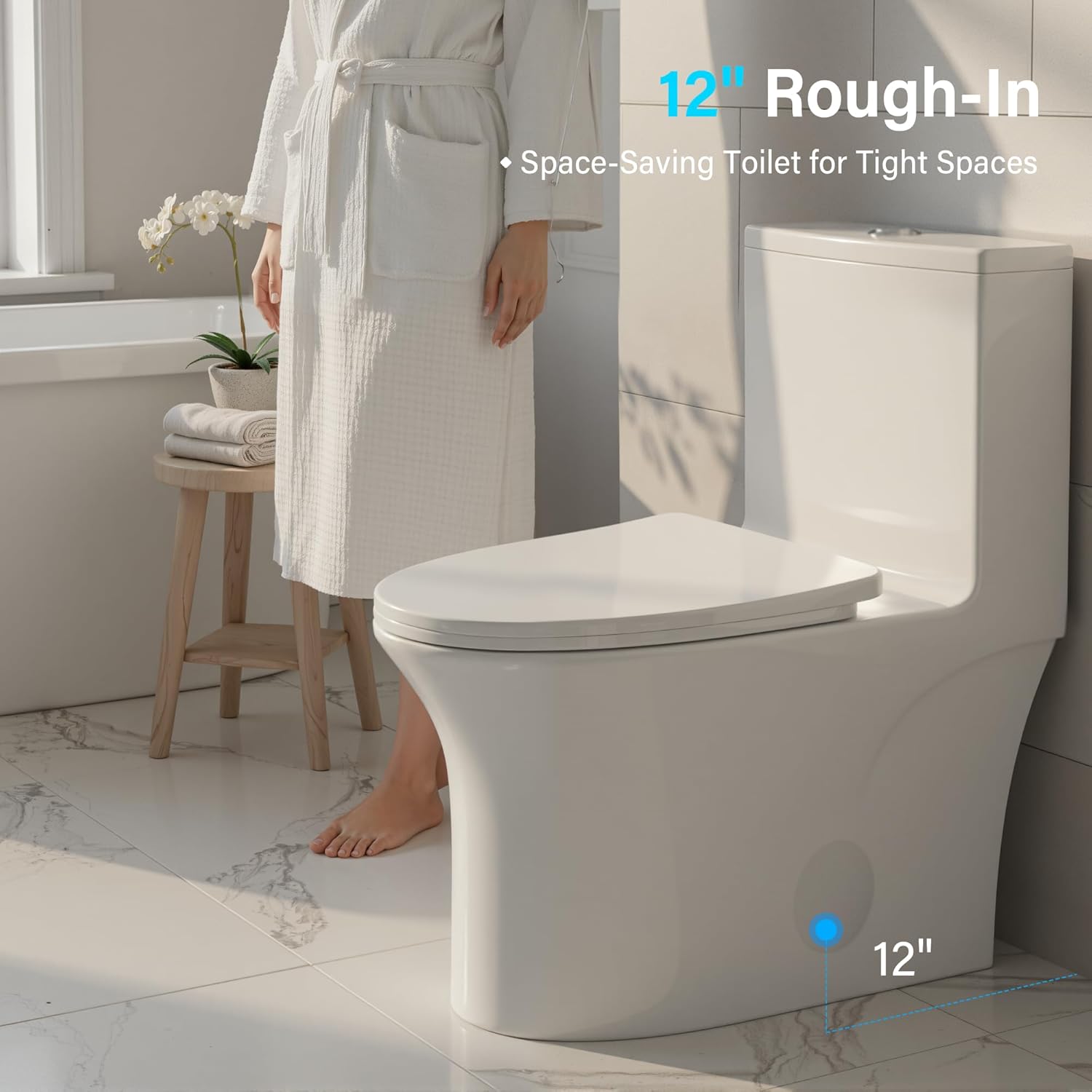 12 in Rough-In 1-Piece, 0.9/1.3 GPF Swirl Flush Elongated Toilet in White Ceramic with Soft-Close Seat 16.54 Height