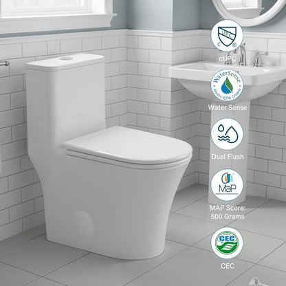 12 in Rough-In 1-Piece, 0.9/1.3 GPF Swirl Flush Elongated Toilet in White Ceramic with Soft-Close Seat