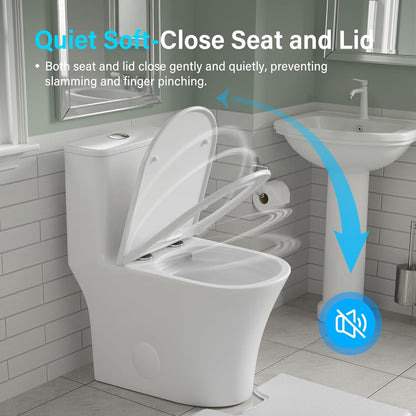 12 in Rough-In 1-Piece, 0.9/1.3 GPF Swirl Flush Elongated Toilet in White Ceramic with Soft-Close Seat