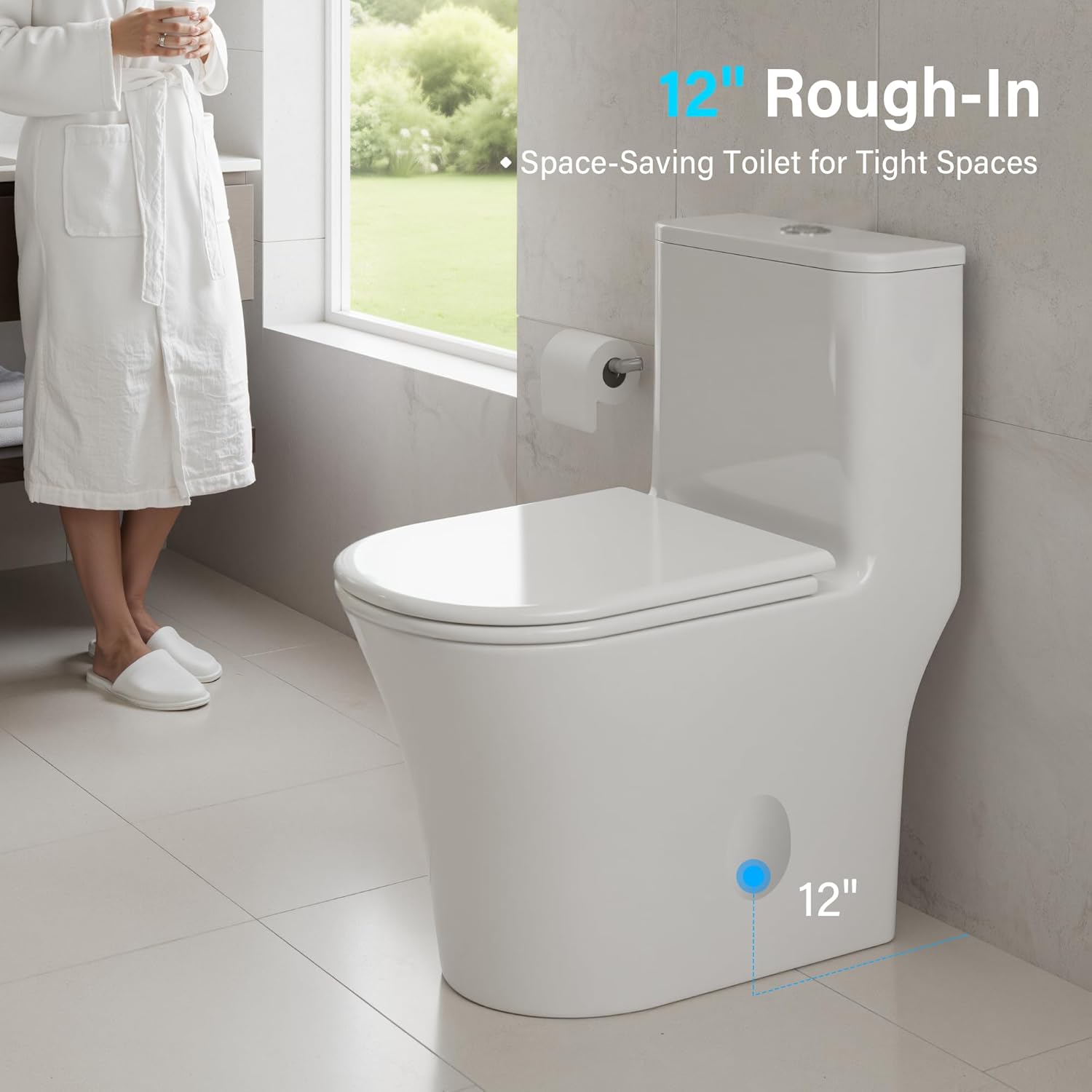12 in Rough-In 1-Piece, 0.9/1.3 GPF Swirl Flush Elongated Toilet in White Ceramic with Soft-Close Seat