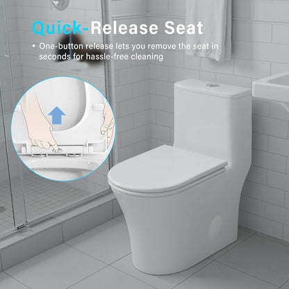12 in Rough-In 1-Piece, 0.9/1.3 GPF Swirl Flush Elongated Toilet in White Ceramic with Soft-Close Seat