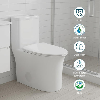 12 in Rough-In 1-Piece, 0.9/1.3 GPF Jet Siphon Flush Elongated Toilet in White Ceramic with Soft-Close Seat