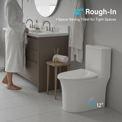 12 in Rough-In 1-Piece, 0.9/1.3 GPF Jet Siphon Flush Elongated Toilet in White Ceramic with Soft-Close Seat