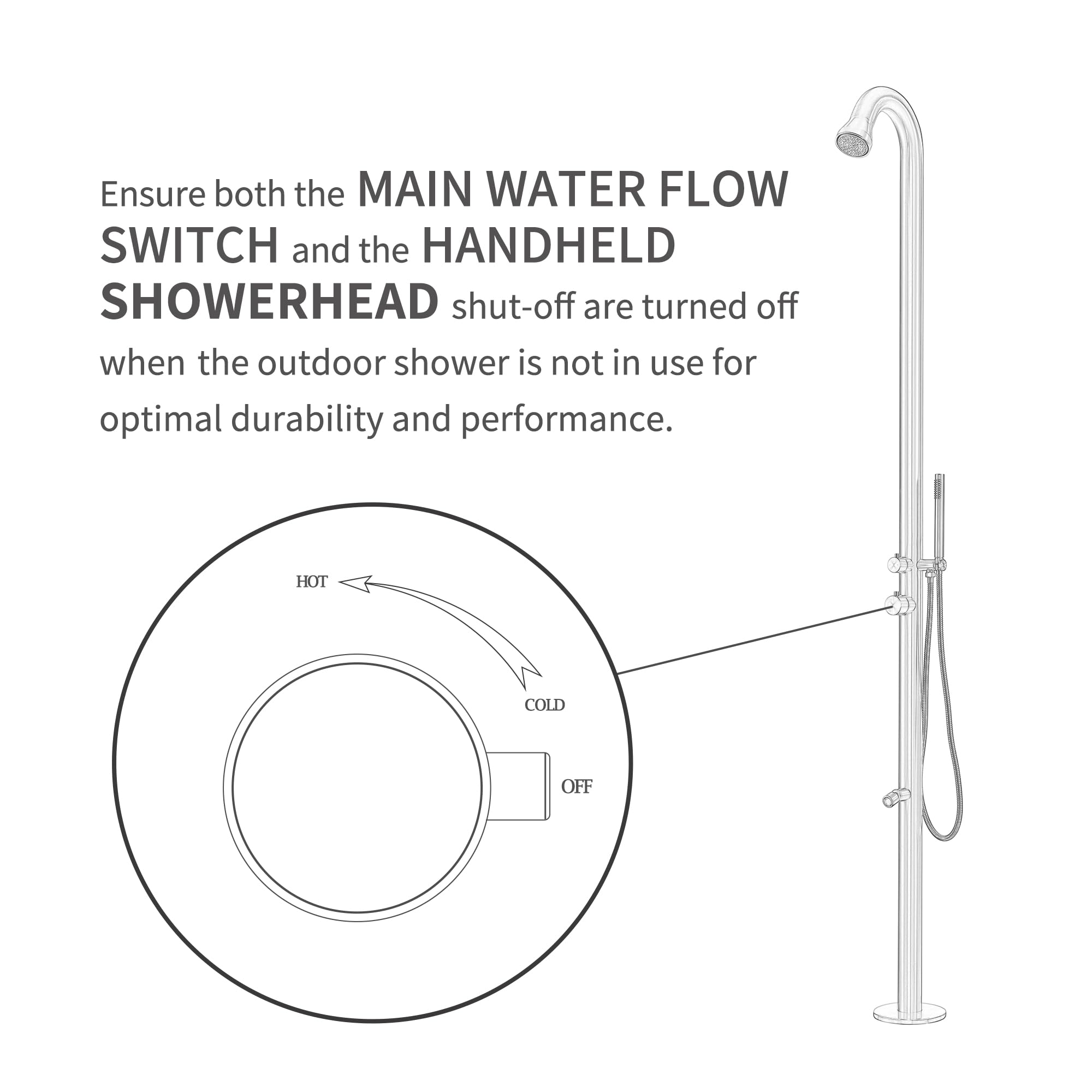 Outdoor Shower with Hot/Cold Water, Wand Hand and Foot Wash Spout Brushed