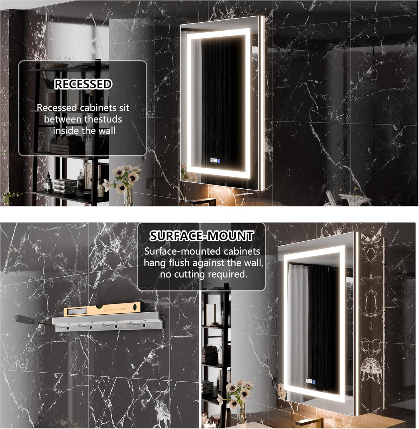 LED Medicine Cabinet with Right-Swing Door, Anti-Fog Mirror, Dimmable Lighting & Built-In Outlets 24" x 36"