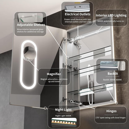 LED Medicine Cabinet with Left-Swing Door, Anti-Fog Mirror, Dimmable Lighting & Built-In Outlets 24" x 36"