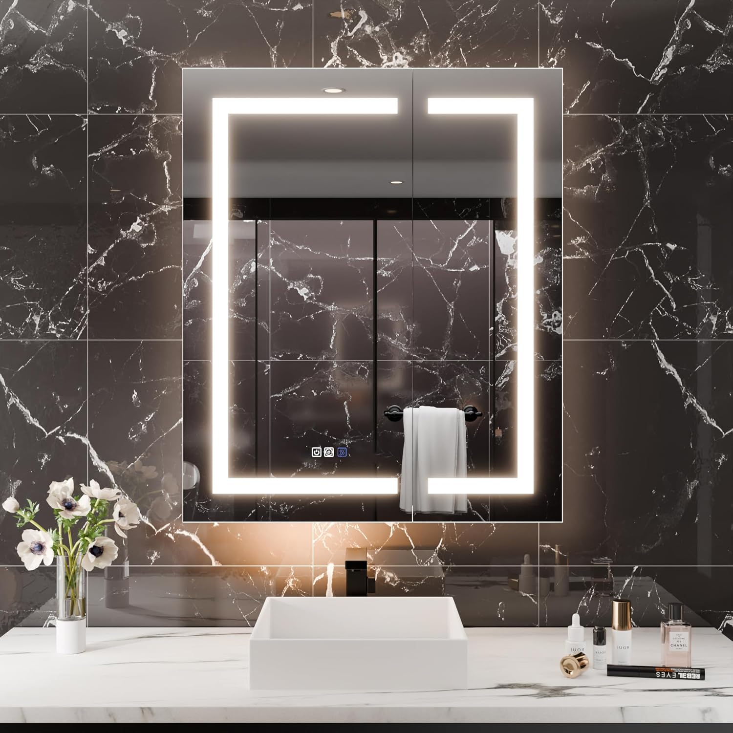 LED Medicine Cabinet with Anti-Fog Mirror, Dimmable Lighting & Built-In Outlets 30" x 36" Double Door