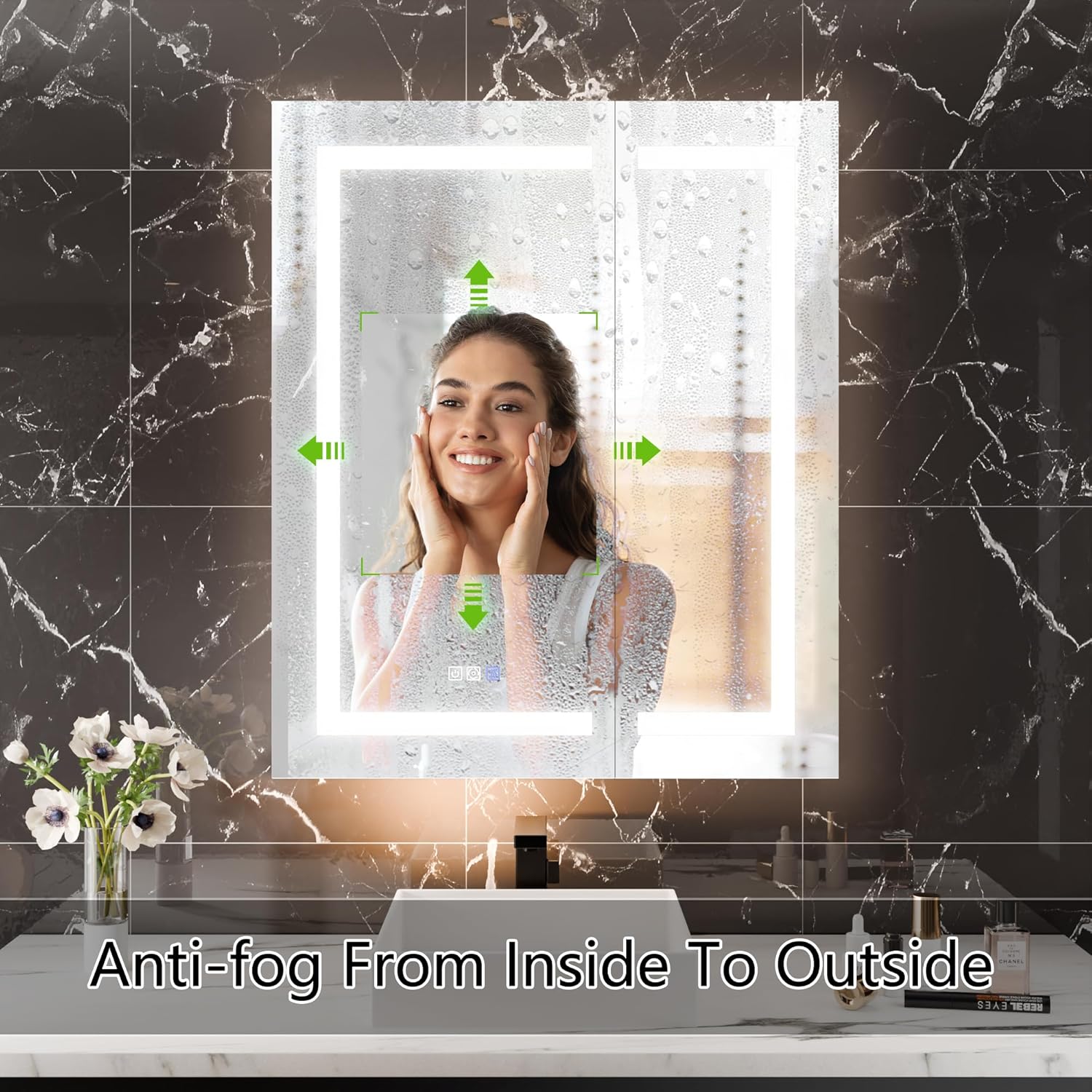 LED Medicine Cabinet with Anti-Fog Mirror, Dimmable Lighting & Built-In Outlets 30" x 36" Double Door
