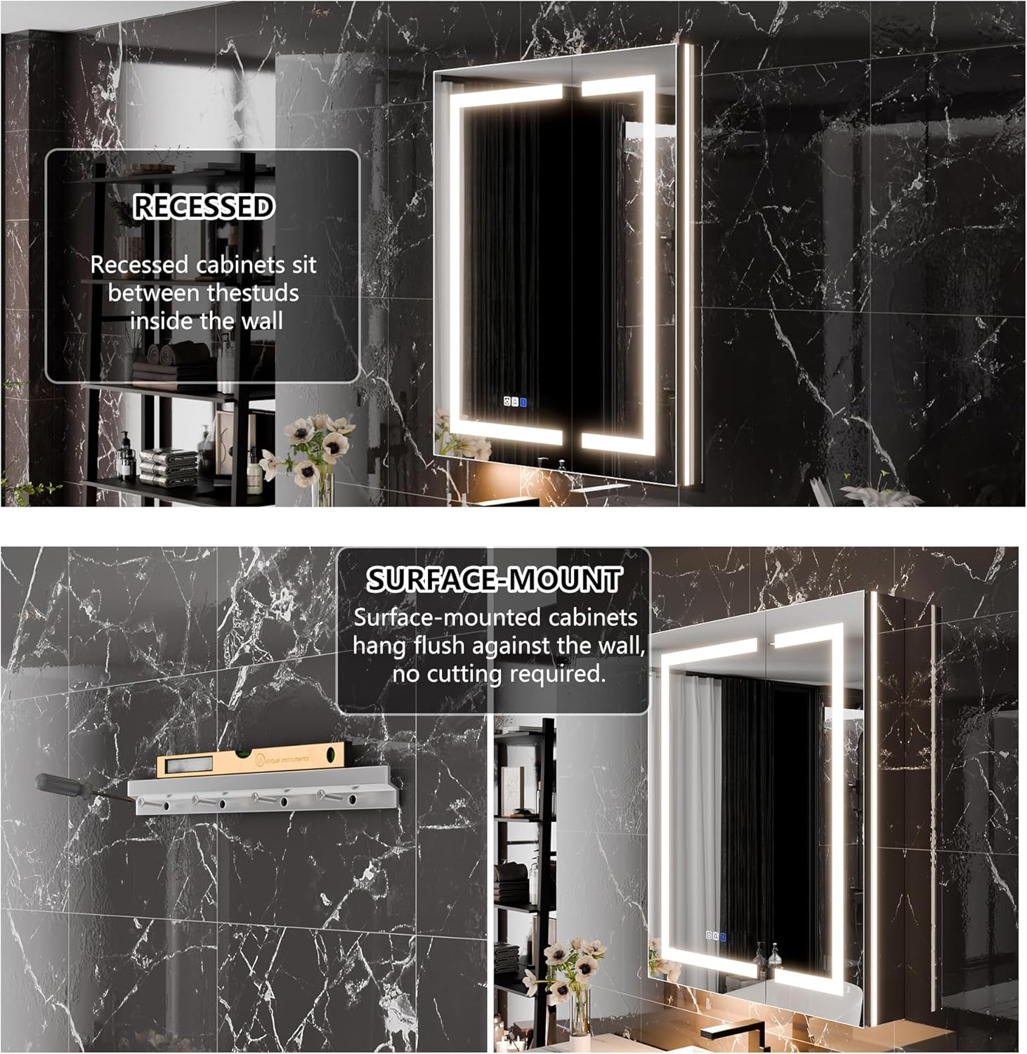 LED Medicine Cabinet with Anti-Fog Mirror, Dimmable Lighting & Built-In Outlets 30" x 36" Double Door