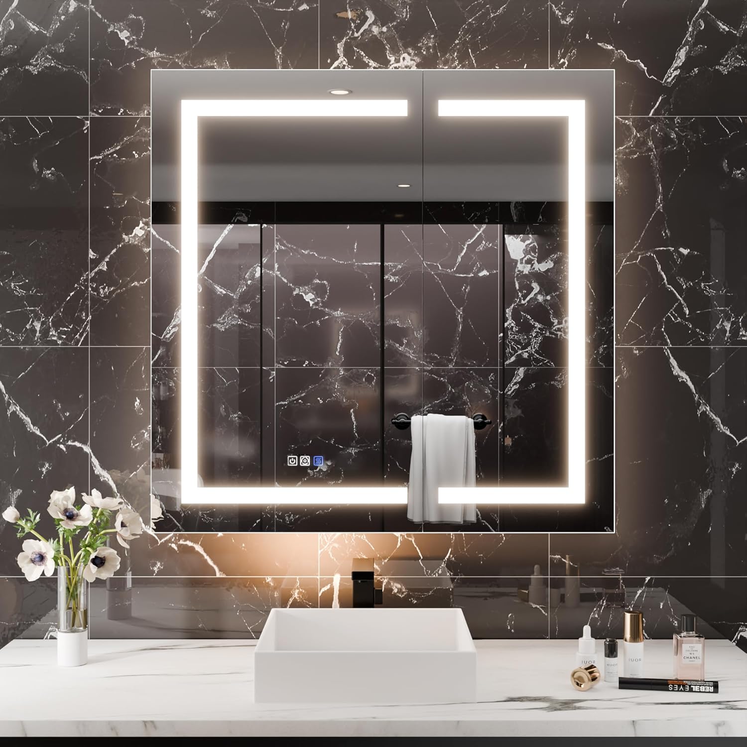 LED Medicine Cabinet with Anti-Fog Mirror, Dimmable Lighting & Built-In Outlets 36" x 36" Double Door