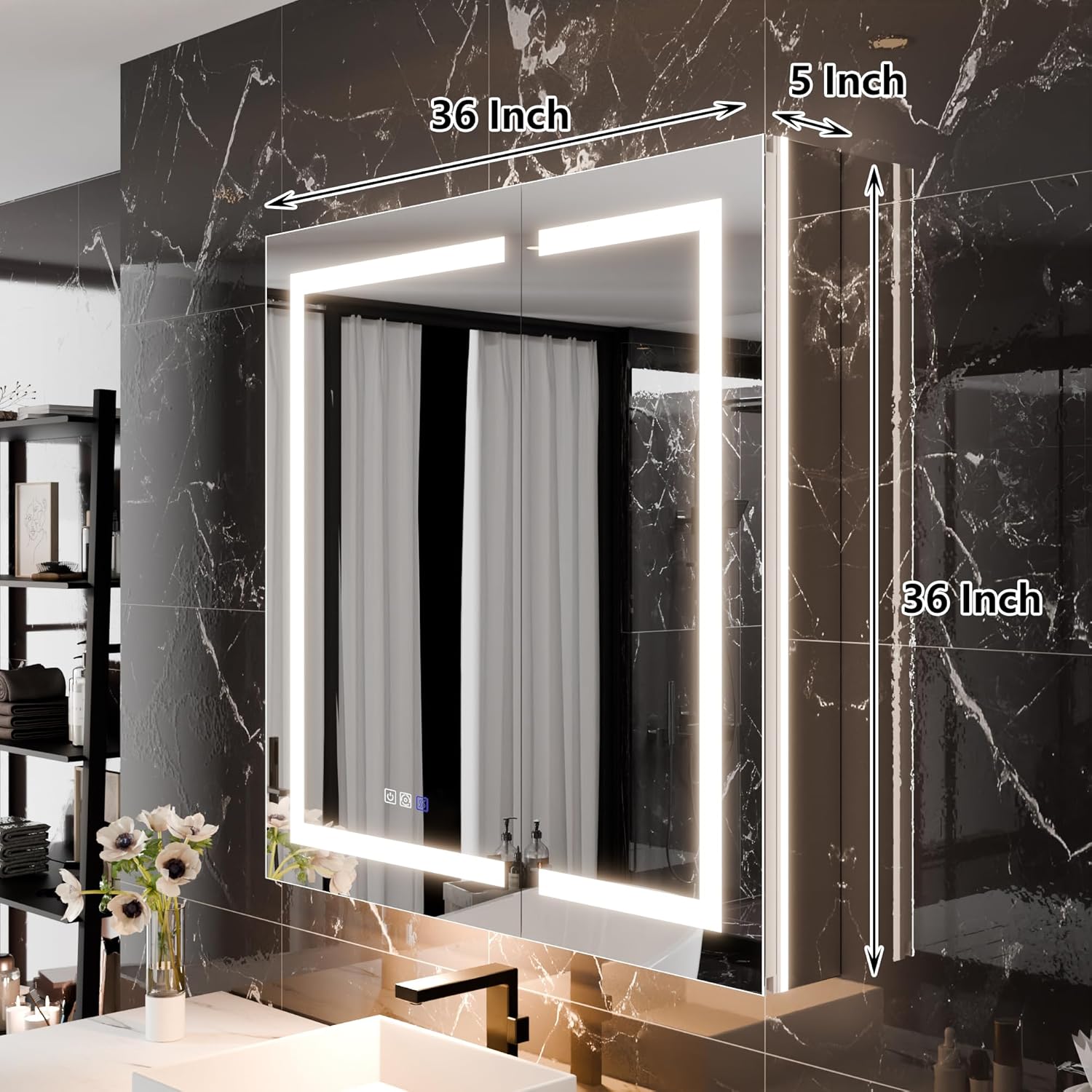 LED Medicine Cabinet with Anti-Fog Mirror, Dimmable Lighting & Built-In Outlets 36" x 36" Double Door