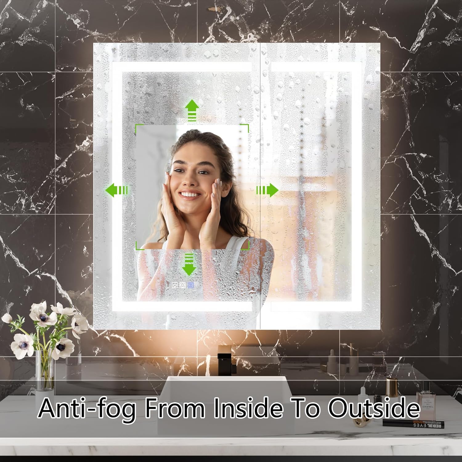 LED Medicine Cabinet with Anti-Fog Mirror, Dimmable Lighting & Built-In Outlets 36" x 36" Double Door