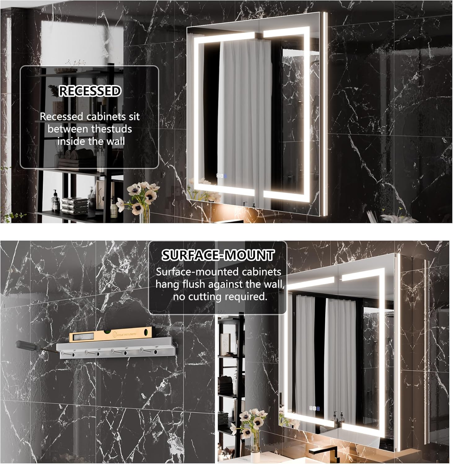 LED Medicine Cabinet with Anti-Fog Mirror, Dimmable Lighting & Built-In Outlets 36" x 36" Double Door