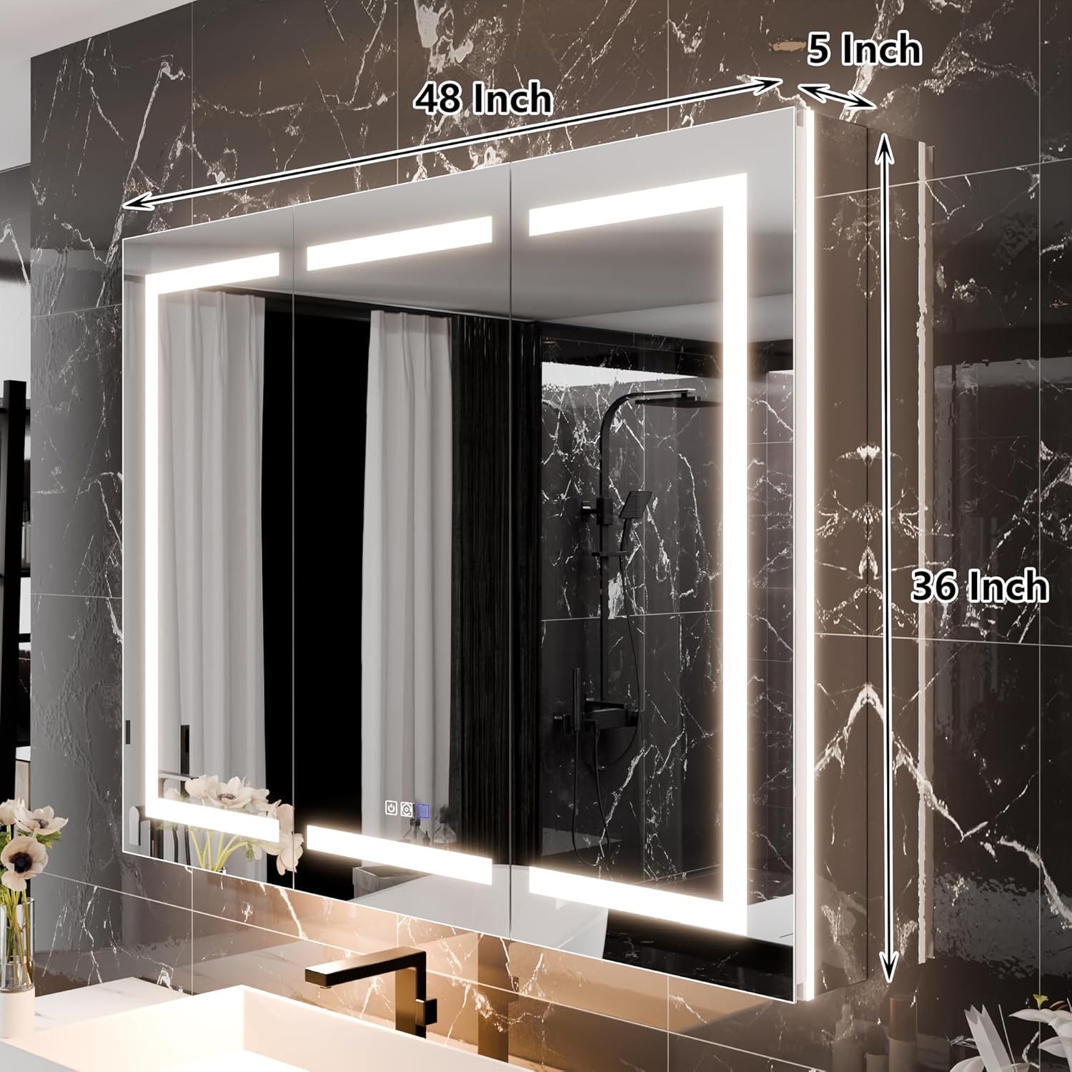 LED Medicine Cabinet with Triple Door, Anti-Fog Mirror, Dimmable Lighting & Built-In Outlets 48" x 36"