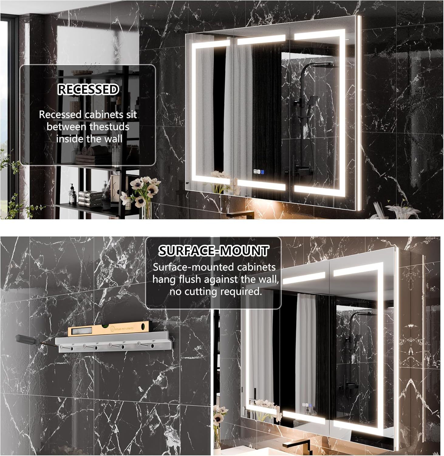 LED Medicine Cabinet with Triple Door, Anti-Fog Mirror, Dimmable Lighting & Built-In Outlets 48" x 36"